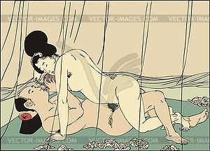 Japanese erotic shunga art - man and woman making love - vector image