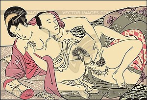 Japanese erotic shunga art - Lovers in sex - vector clipart