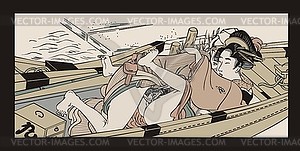 Japanese erotic shunga art - sex in a boat - vector image