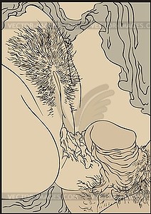 Japanese erotic shunga art - vagina and penis - vector clipart