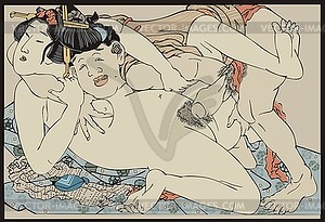 Japanese erotic shunga art - Fukujuso by Hokusai - vector image