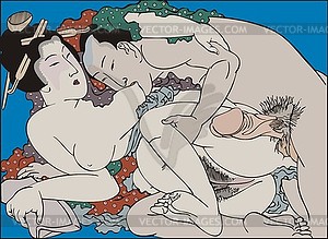 Japanese erotic shunga art - lovers during sex - vector clipart