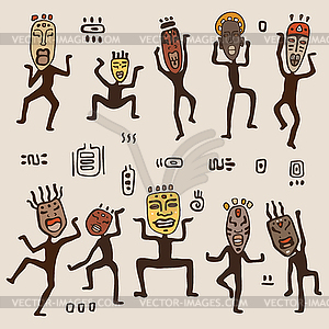 Dancing figures wearing African masks - vector clipart / vector image