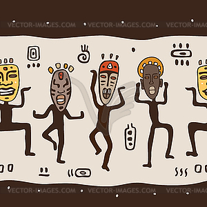 Dancing figures wearing African masks - vector image