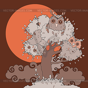 Owls in tree. Funny cartoon  - vector EPS clipart