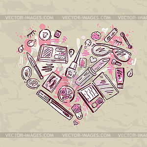 Heart of Makeup products set - vector image