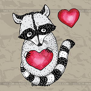 Raccoon carrying heart - vector image