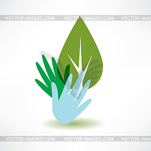 Hands and abstract eco tree icon - vector clip art