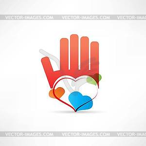 Red hand and heart icon - vector clipart
