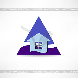 Blue triangle and house icon - vector image