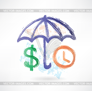 Зонтик доллар и часы значок гранж - изображение в векторе