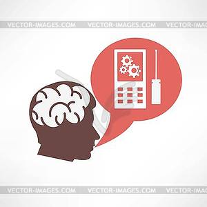 Brain in head and cellphone icon - vector image