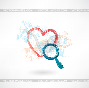 Heart magnifier grunge icon - vector image