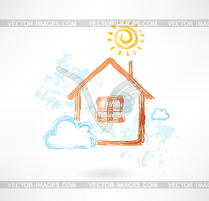 House in sun and cloud grunge icon - vector image