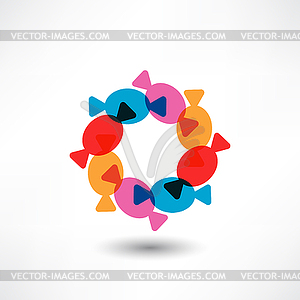Candys in wrapper in colored circle - color vector clipart
