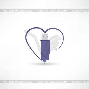 Usb in heart icon - vector image