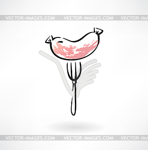 Sausage on fork grunge icon - vector clipart / vector image