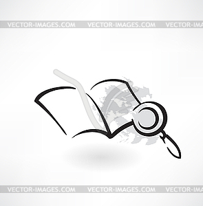 Notebook and magnifer grunge icon - vector image