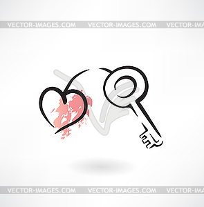 Key and heart grunge icon - vector image