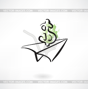 Бумажный самолетик и доллар значок гранж - векторный клипарт