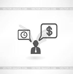 Person thinks about money and watch icon - vector image