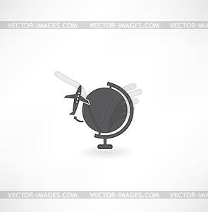 Globe and airplane icon - vector clipart