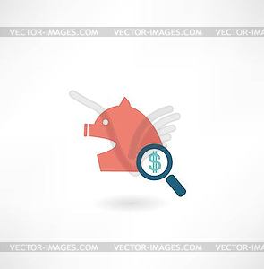 Pig under magnifying glass icon money icon - vector image