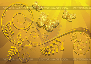 Gold butterfly on yellow radiant background - vector clipart