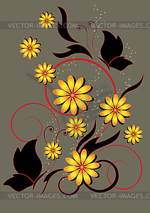 Butterfly and yellow flowers with floral pattern - vector image