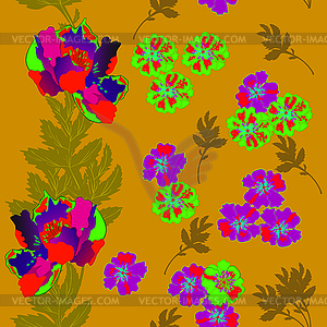 Colorful flowers and leafs - seamless pattern - vector clip art