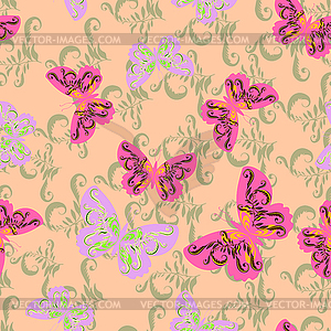 Butterfly with flowers - seamless pattern - vector clipart