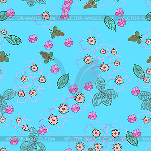 Colorful flowers and leafs - seamless pattern - vector clipart