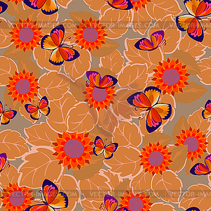 Butterfly with flowers - seamless pattern - vector image