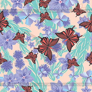 Butterfly with flowers - seamless pattern - vector clip art