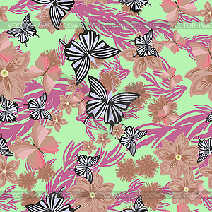 Butterfly with flowers - seamless pattern - vector clip art