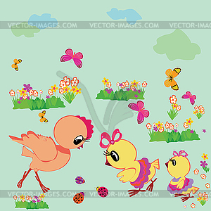 Card with chickens, butterflies and flowers. - vector image