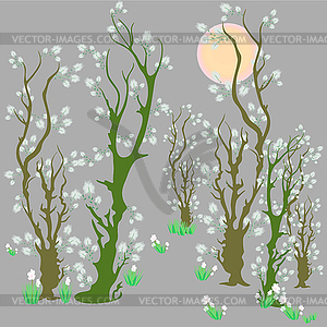  landscape with blooming spring tree with flowers. - vector image