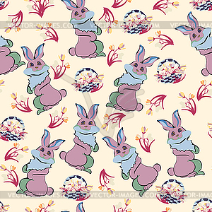 Cute cartoon rabbit, seamless pattern - color vector clipart