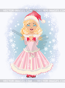 Little Santa girl with gift, vector illustration  - vector clipart
