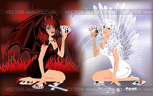 Angel and devil girls playing poker, vector  - vector image