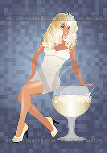 Sexy blonde girl and wine glass, vector illustration - vector image