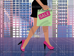 Мода торговый женщина в городе, векторные иллюстрации - векторное изображение EPS