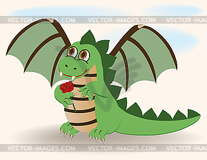 Cute baby dragon with rosa, vector illustration  - vector clipart