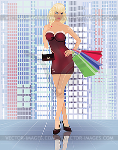 Shopping in city, young woman with handbags, vector - vector EPS clipart