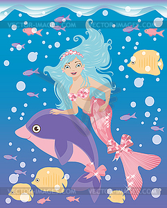 Little mermaid girl and dolphin, vector illustration - vector clipart