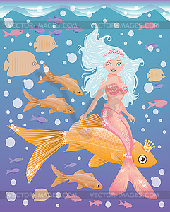 Young mermaid girl with golden fish, vector  - vector clip art
