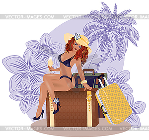 Summer sexual travel girl with wineglass, vector - color vector clipart