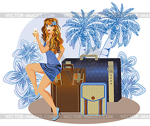 Summer  travel girl with wineglass, vector illustration - vector clip art