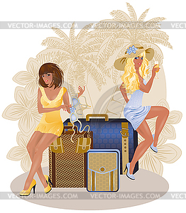 Two summer travel girls, vector illustration - vector image