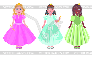 Three little girls or princesses, vector illustration - vector EPS clipart